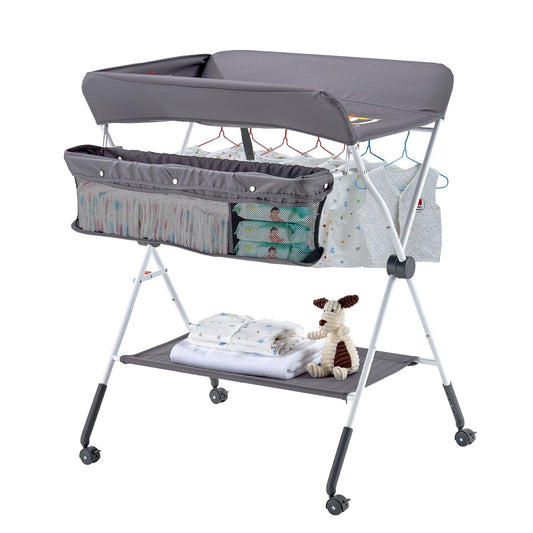 VEVOR Baby Changing Table, Foldable Diaper Change Station with Side Basket, Adjustable Height Portable Changing Table with Lockable Wheels, Multi-Functional Storage Organizer Nursery, Dark Gray
