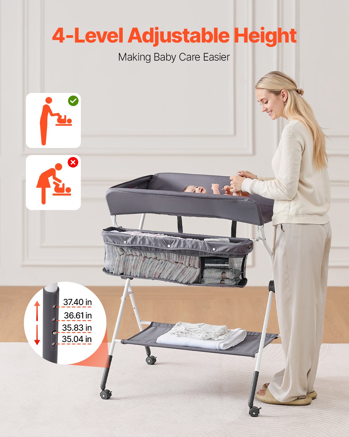 VEVOR Baby Changing Table, Foldable Diaper Change Station with Side Basket, Adjustable Height Portable Changing Table with Lockable Wheels, Multi-Functional Storage Organizer Nursery, Dark Gray