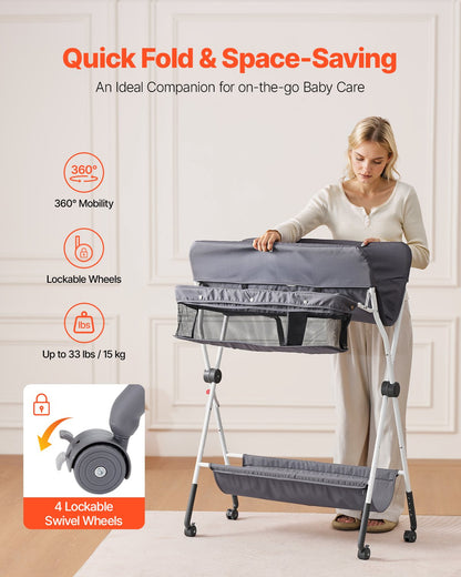 VEVOR Baby Changing Table, Foldable Diaper Change Station with Side Basket, Adjustable Height Portable Changing Table with Lockable Wheels, Multi-Functional Storage Organizer Nursery, Dark Gray