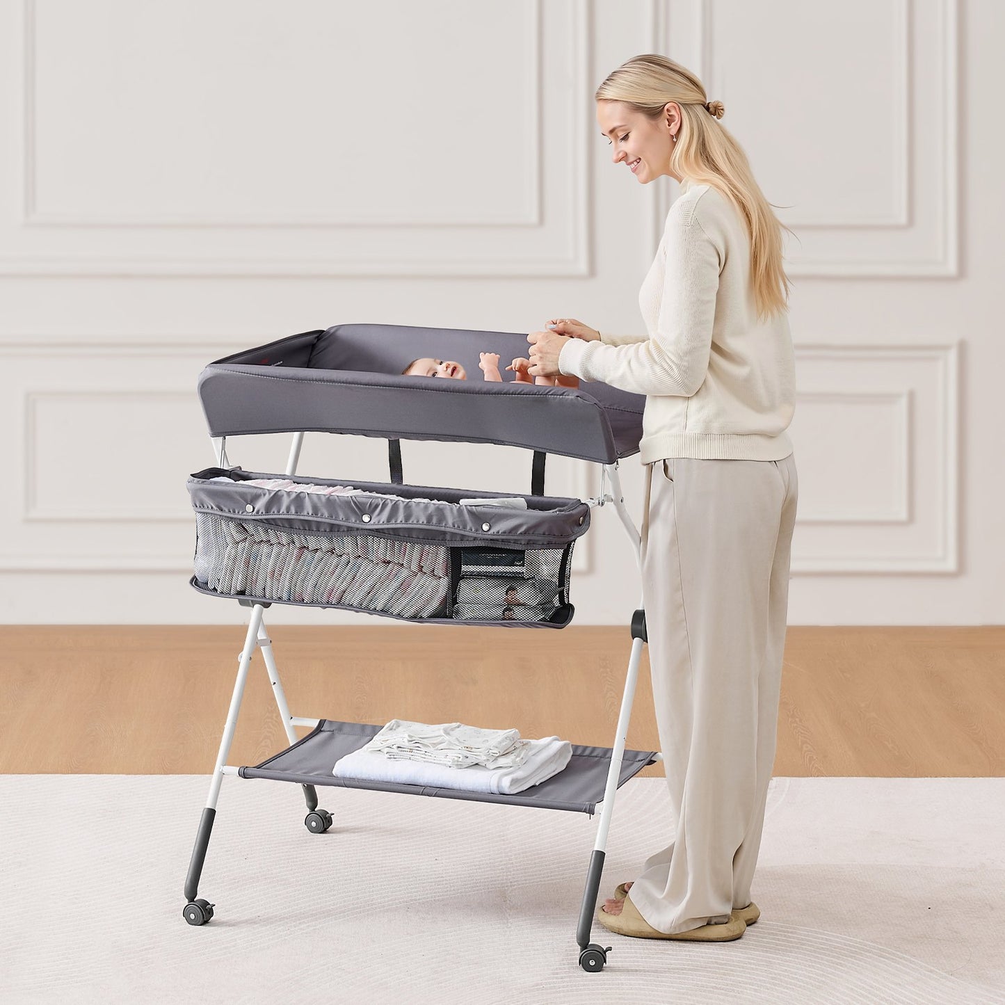 VEVOR Baby Changing Table, Foldable Diaper Change Station with Side Basket, Adjustable Height Portable Changing Table with Lockable Wheels, Multi-Functional Storage Organizer Nursery, Dark Gray