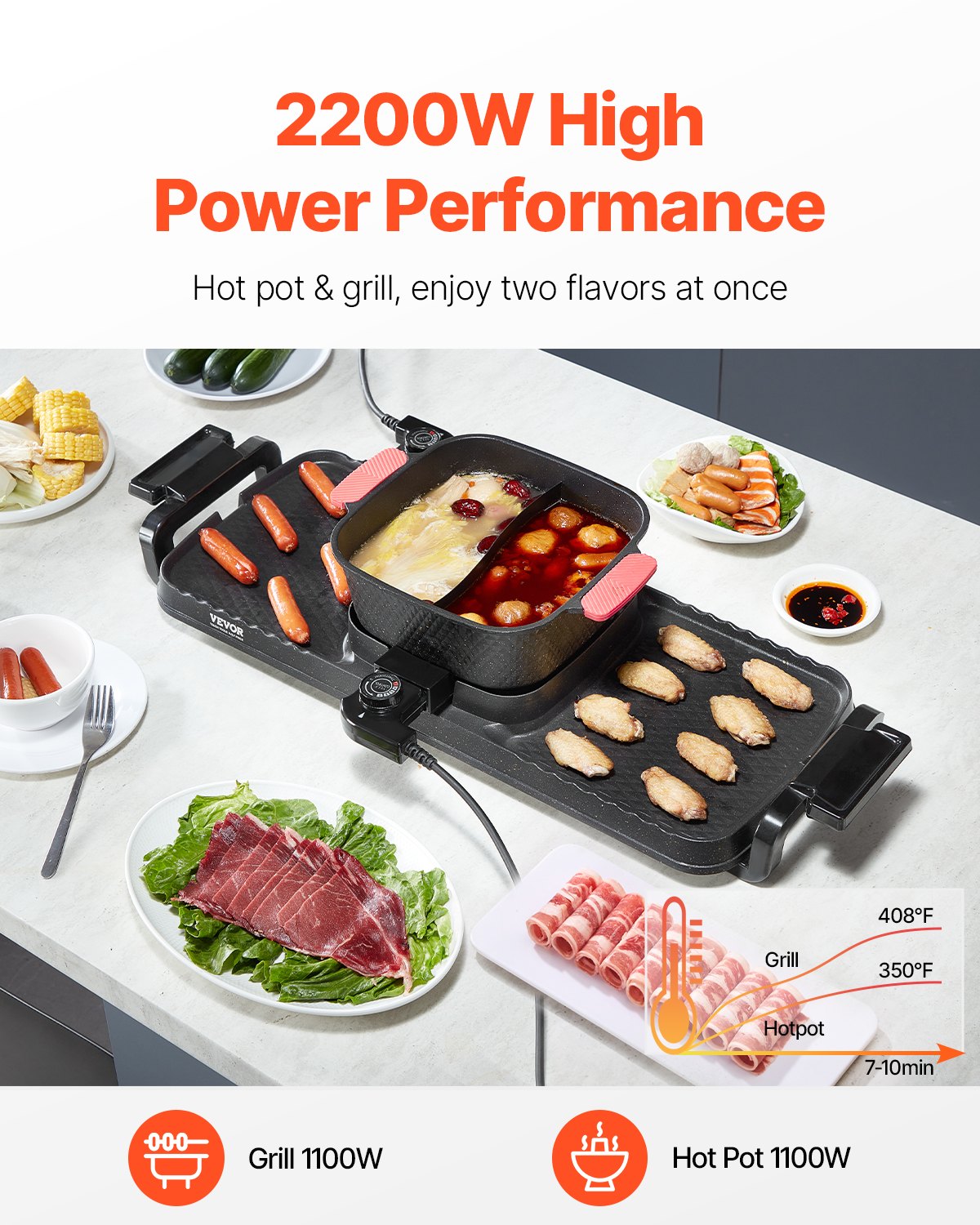 VEVOR Hot Pot with Grill 2300W 2-in-1 Electric Smokeless BBQ with Removable Pot