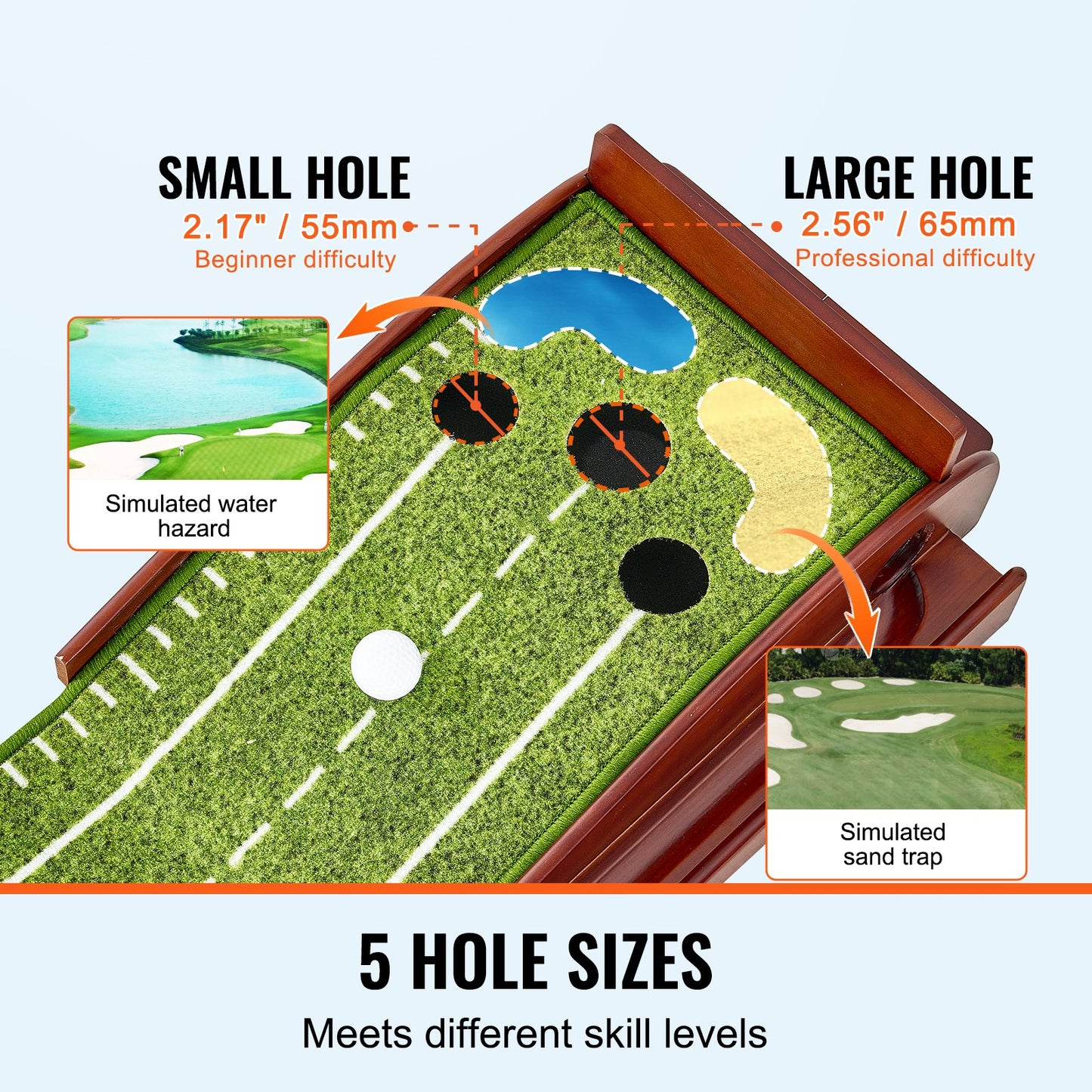VEVOR Golf Putting Mat, 5 Hole Indoor Golf Putting Green, Wrinkle-Free Golf Training Aid, Mini Golf Set  with Auto-Ball Return, Alignment Guide, 3 Ball, Wood Base, Game Practice Gift for Home Offic