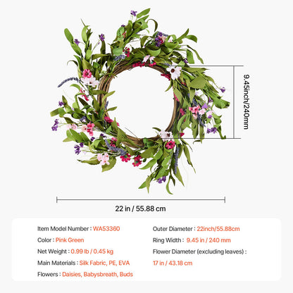 VEVOR Artificial Decorative Wreath 55.88 cm Pink Green with Daisies Year Round