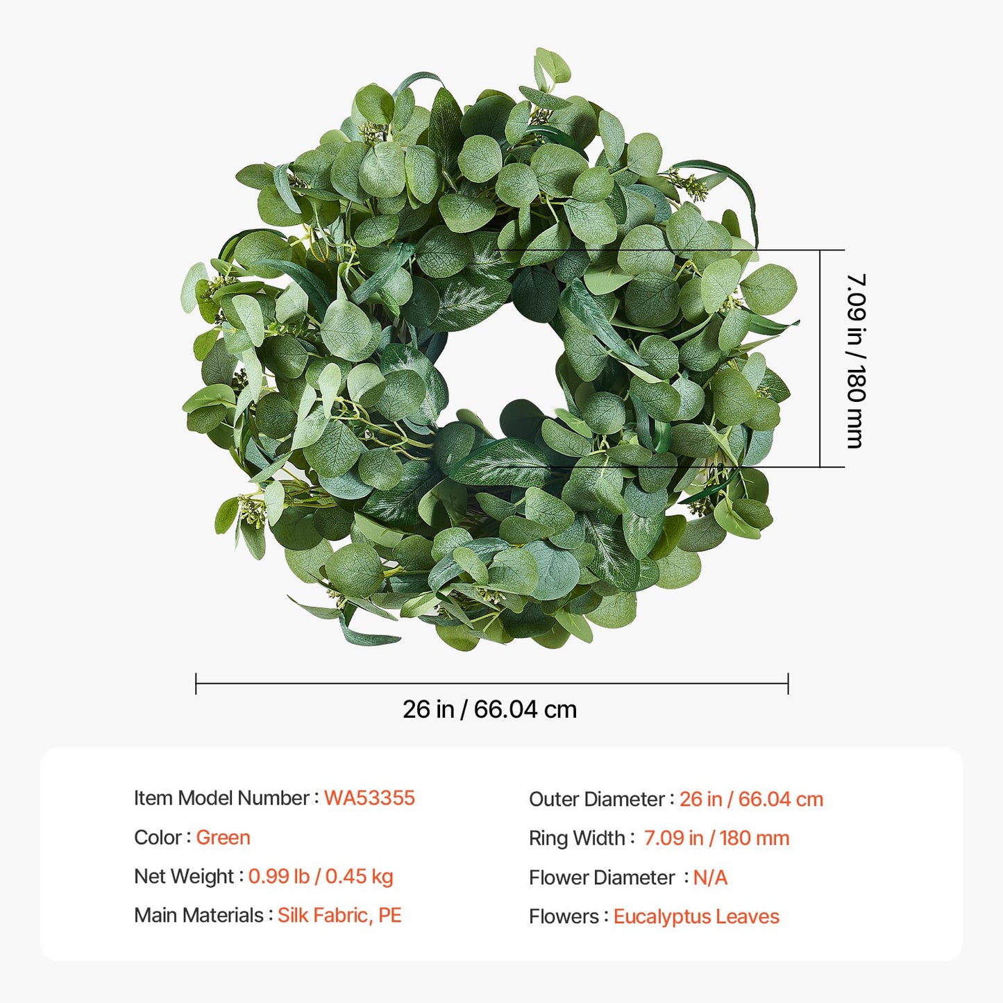 VEVOR Artificial Decorative Wreath 66.04 cm Green Eucalyptus Leaves Year Round