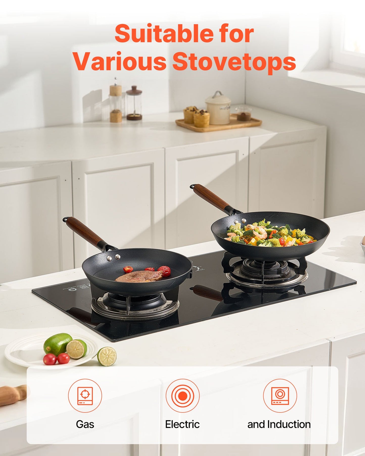 VEVOR Cast Iron Skillet, 3-Piece Frying Pan Set (205, 265, 310 mm), Nonstick Skillets with Detachable Wood Handle, Pre-Seasoned Chef's Pan, Kitchen Cookware for Gas, Electrical, and Induction, Black