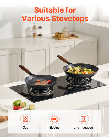 VEVOR Cast Iron Skillet, 3-Piece Frying Pan Set (205, 265, 310 mm), Nonstick Skillets with Detachable Wood Handle, Pre-Seasoned Chef's Pan, Kitchen Cookware for Gas, Electrical, and Induction, Black