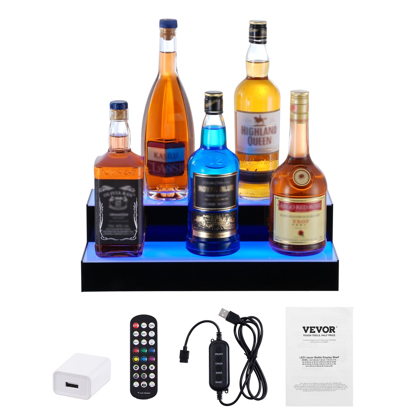 VEVOR LED Lighted Liquor Bottle Display, 2 Tiers 16 Inch Commercial Illuminated Home Bar Shelf, 2 Steps Whiskey Rack Stand, Acrylic Drink Shelves with RF Remote & App Control, and Multicolor lighting