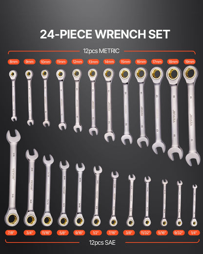 VEVOR Combination Wrench Set 24 PCS SAE 1/4" - 7/8" Metric 8-19mm Organizer Rack