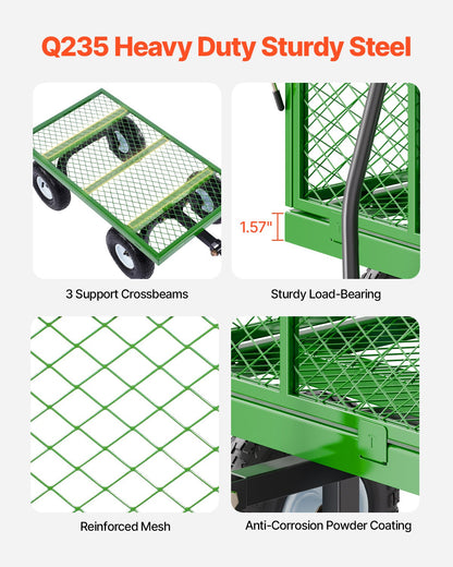 VEVOR 900 Lbs Steel Garden Cart on Wheels, Heavy Duty Pullable Garden Wagon Yard Cart, Outdoor Metal Utility Wagon with 10" Tires and Mesh Removable Sides(Convert to Flatbed), and 180°Rotating Handle