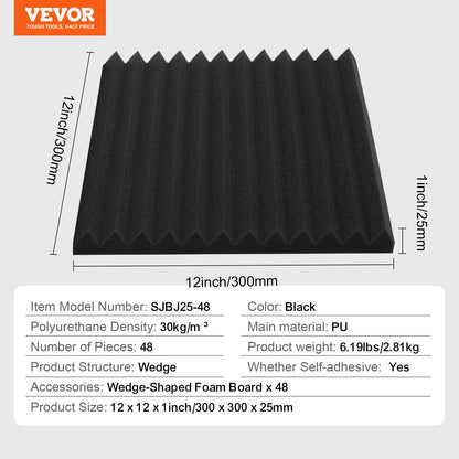 VEVOR Acoustic Foam Panels 48 Pack 12 x 12 x 1 in Adhesive for Wall Ceiling