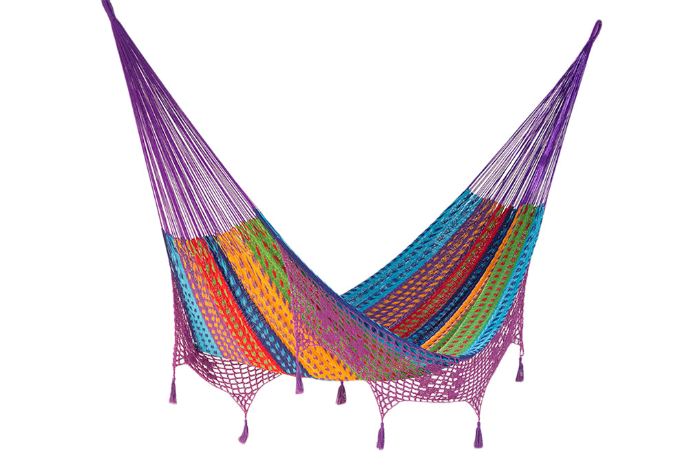 Outdoor undercover cotton Mayan Legacy hammock with hand crocheted tassels King Size Colorina