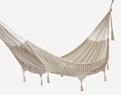 Outdoor undercover cotton Mayan Legacy hammock with hand crocheted tassels King Size Marble