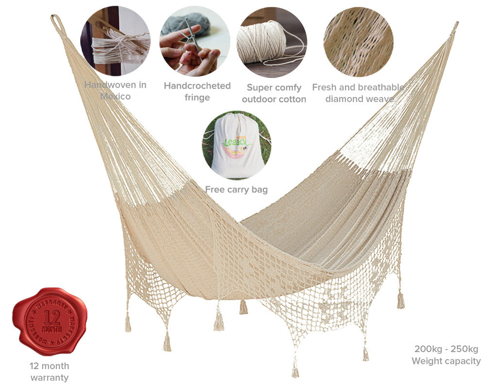 Outdoor undercover cotton Mayan Legacy hammock with hand crocheted tassels Queen Size Marble Colour