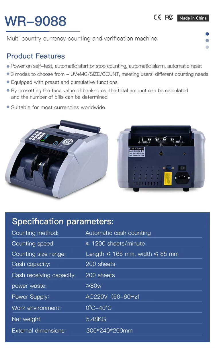 Weirong 9088 UV/MG LCD Display Bill Counter Multi-Currencies Counting Machine Cash Detector AUD/EUR/USD/TRY Money Counter