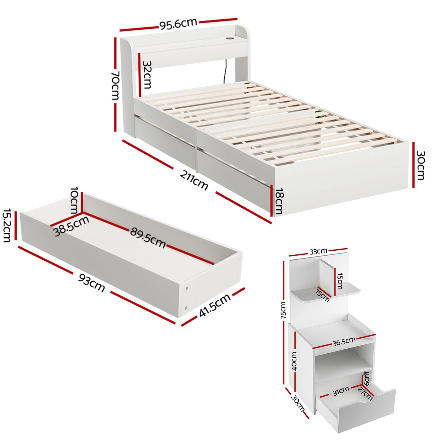 Artiss Single Bed Frame with Charging Ports and Bedside Table