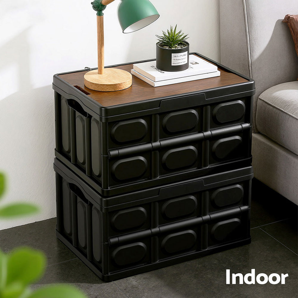 Gardeon Collapsible Outdoor Storage Box 50L Stackable Folding Camping Organizer Plywood Lid Black