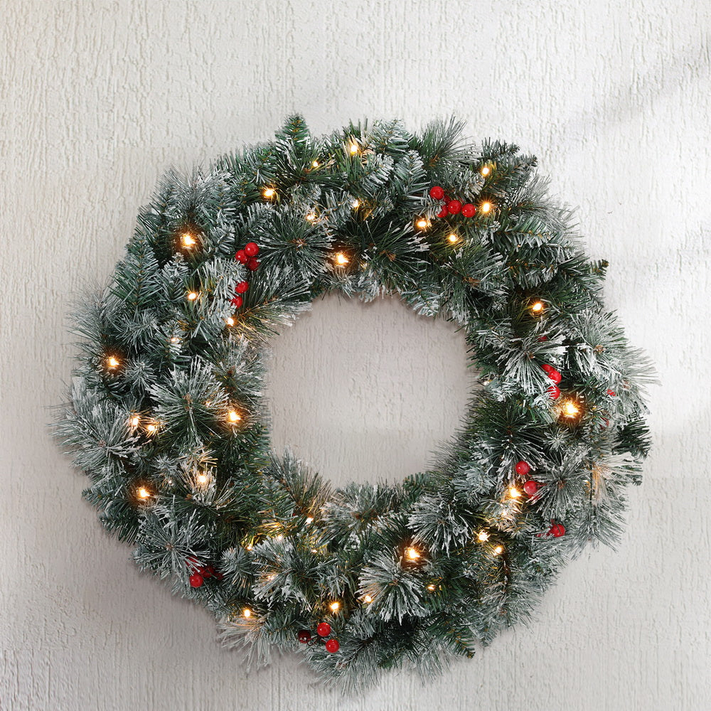 Jingle Jollys 60cm Christmas Wreath LED Lights Snowy Flowers Garland Party Decor